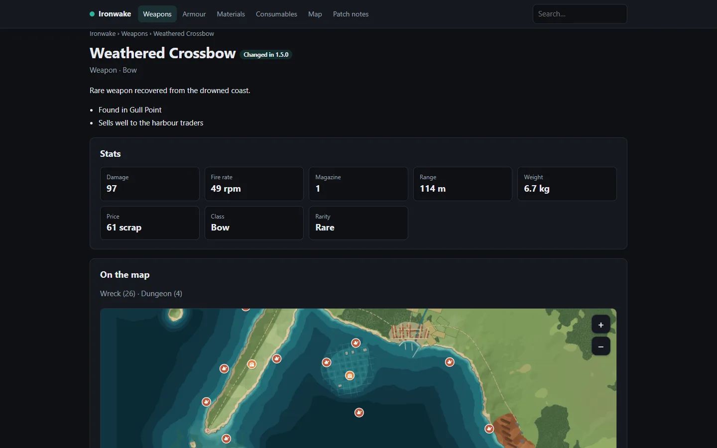 A page in Ironwake's Player Hub: the Weathered Crossbow, changed in 1.5.0, with its stats and where it's found on the map.
