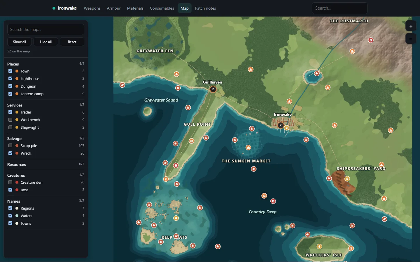 Ironwake's map in its Player Hub: the Drowned Coast, with towns, lighthouses, wrecks and bosses marked and a filter panel.